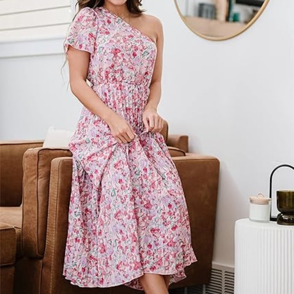 Women One Shoulder Pleated Maxi Dress Summer Floral Boho Short Sleeve Dress